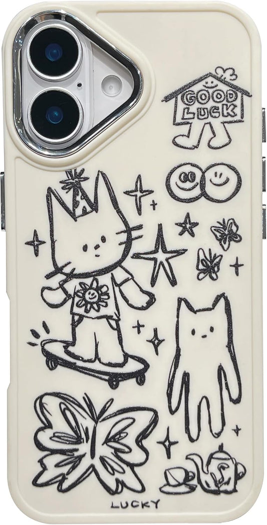 Designed for iPhone Case, Cute Cat Butterfly Star Lucky Line Drawing Soft Phone Case (White,for iPhone 14)