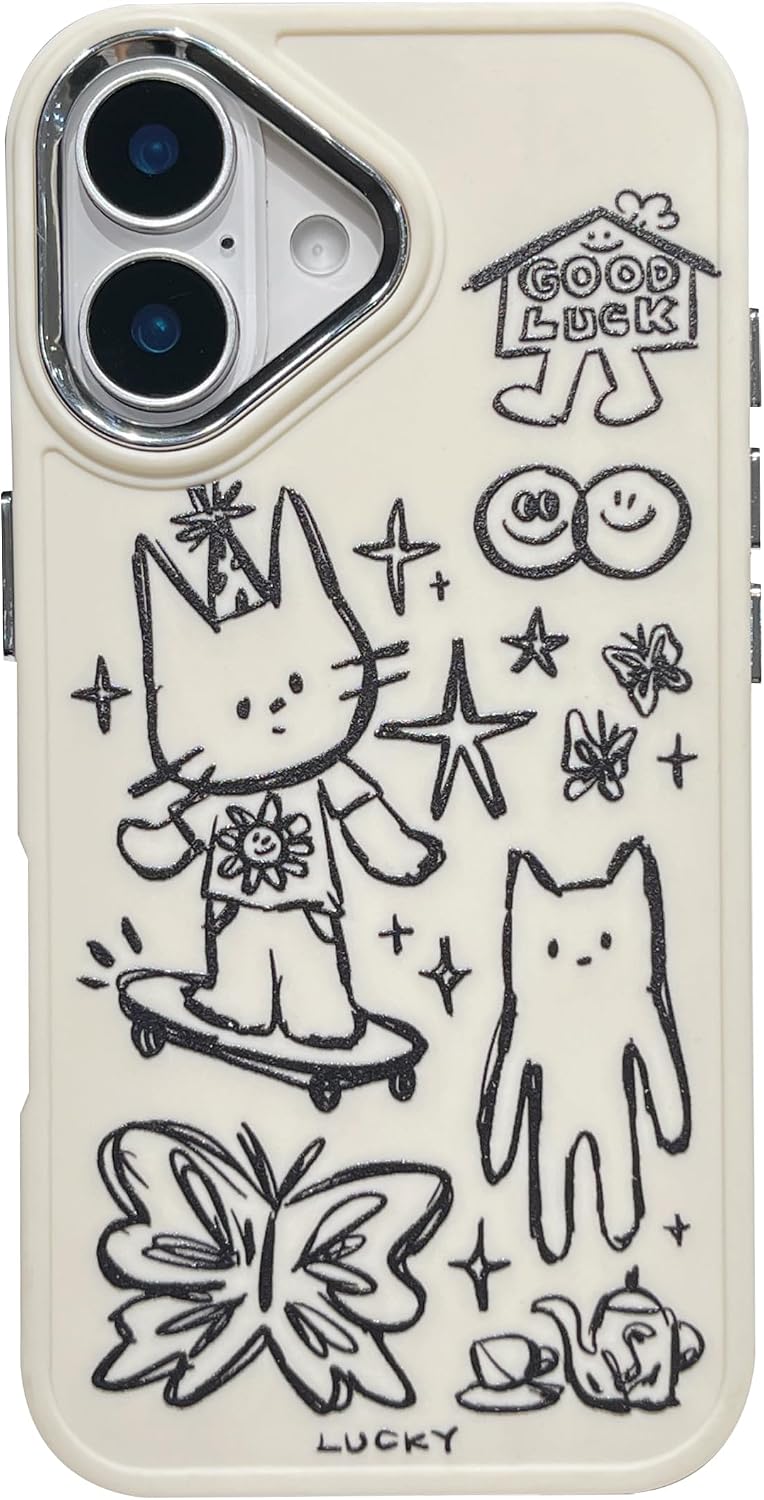 Designed for iPhone Case, Cute Cat Butterfly Star Lucky Line Drawing Soft Phone Case (White,for iPhone 15)