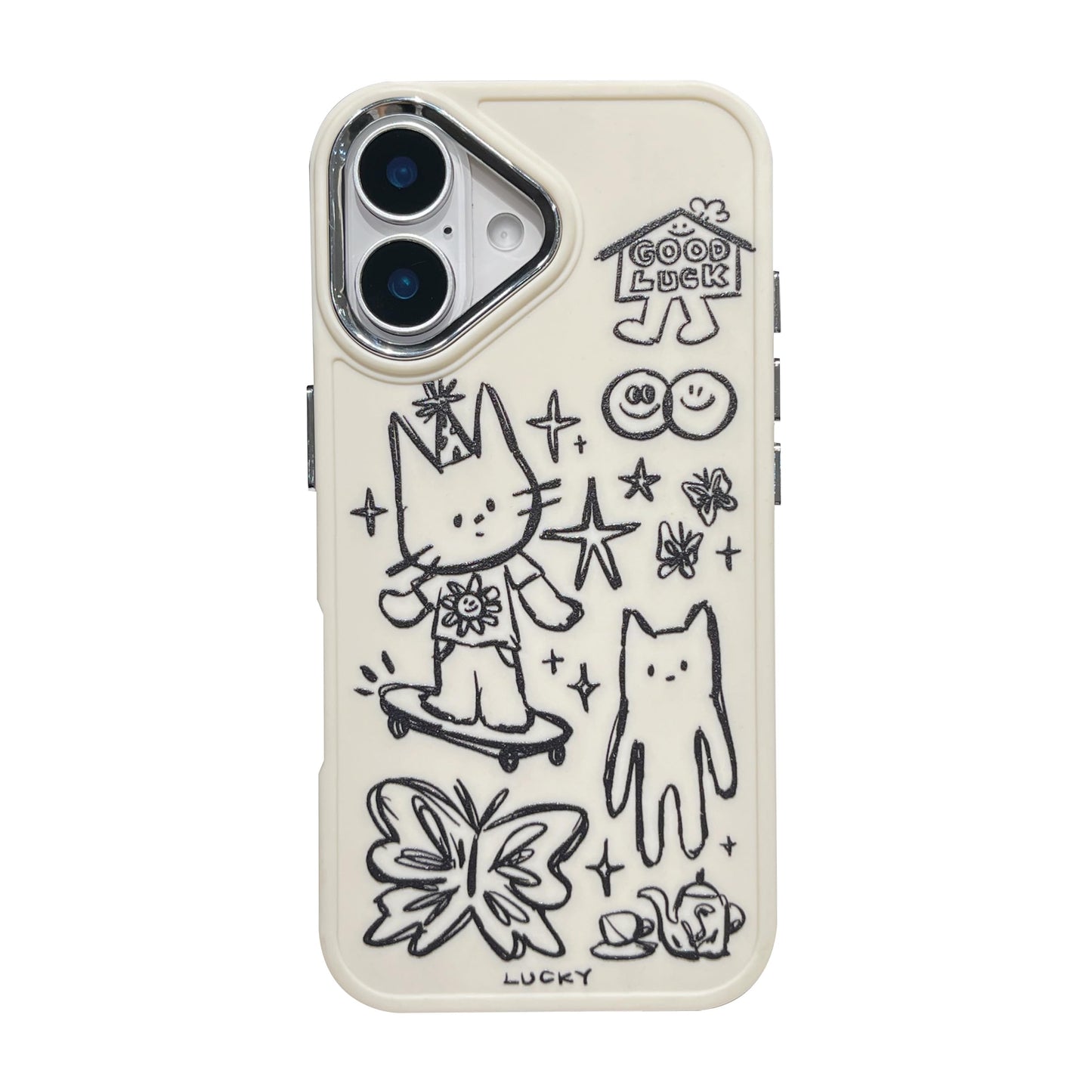 Designed for iPhone Case, Cute Cat Butterfly Star Lucky Line Drawing Soft Phone Case (White,for iPhone 14)