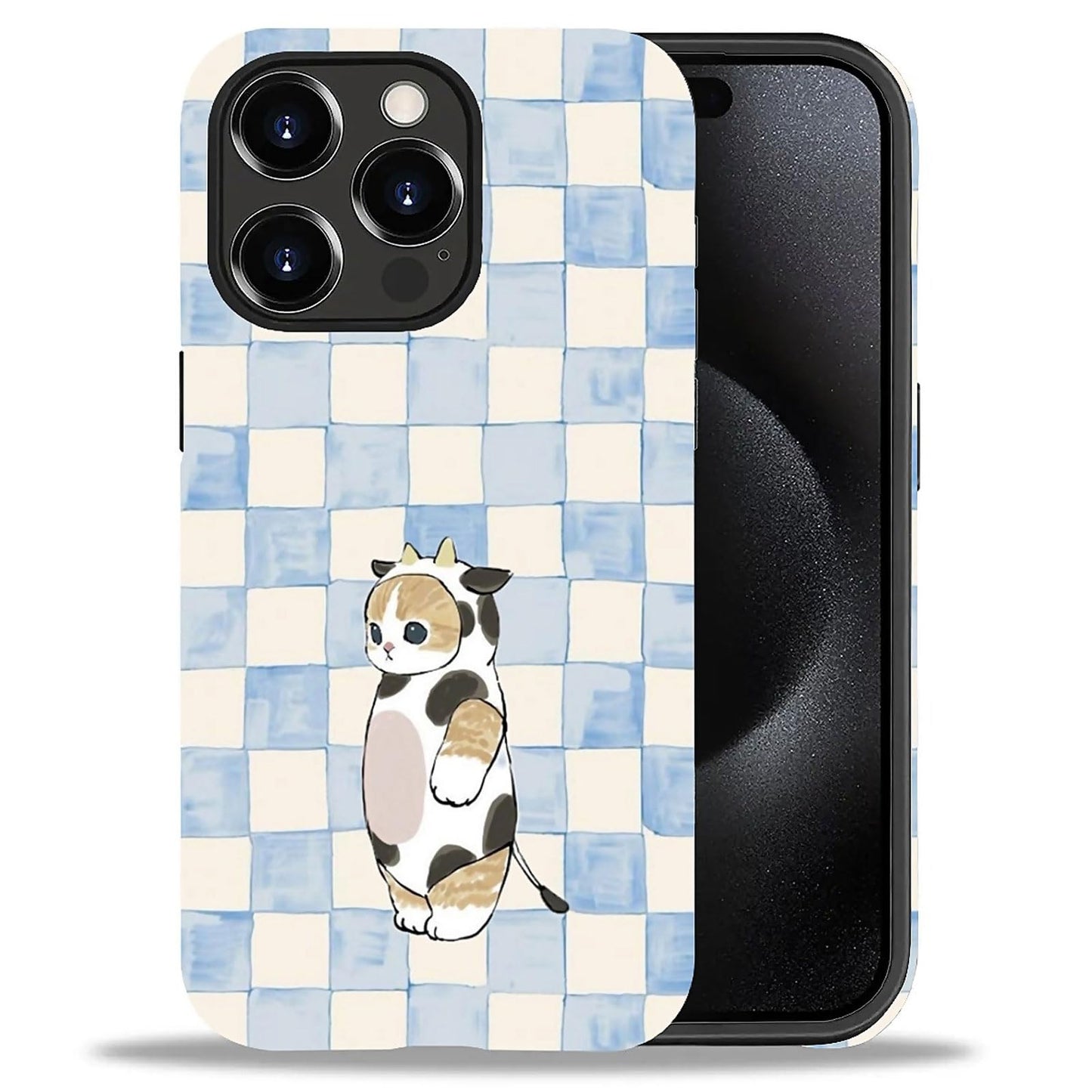 for iPhone 15 Pro Case,Hybrid 2-Layer Hard Shell + Silicone Protective Case -Resistant Shockproof- A Naughty Cat with Blue Stripes Eating Fish