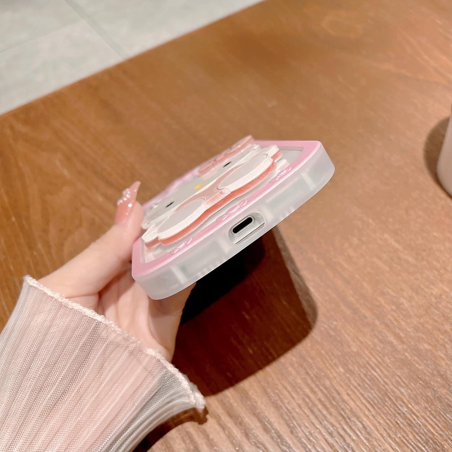 for iPhone 15 Kawaii Cartoon Cute Pink Phone Case，Built-in Makeup Mirror for Women Girls, Soft Transparent Protective Pink Phone Case