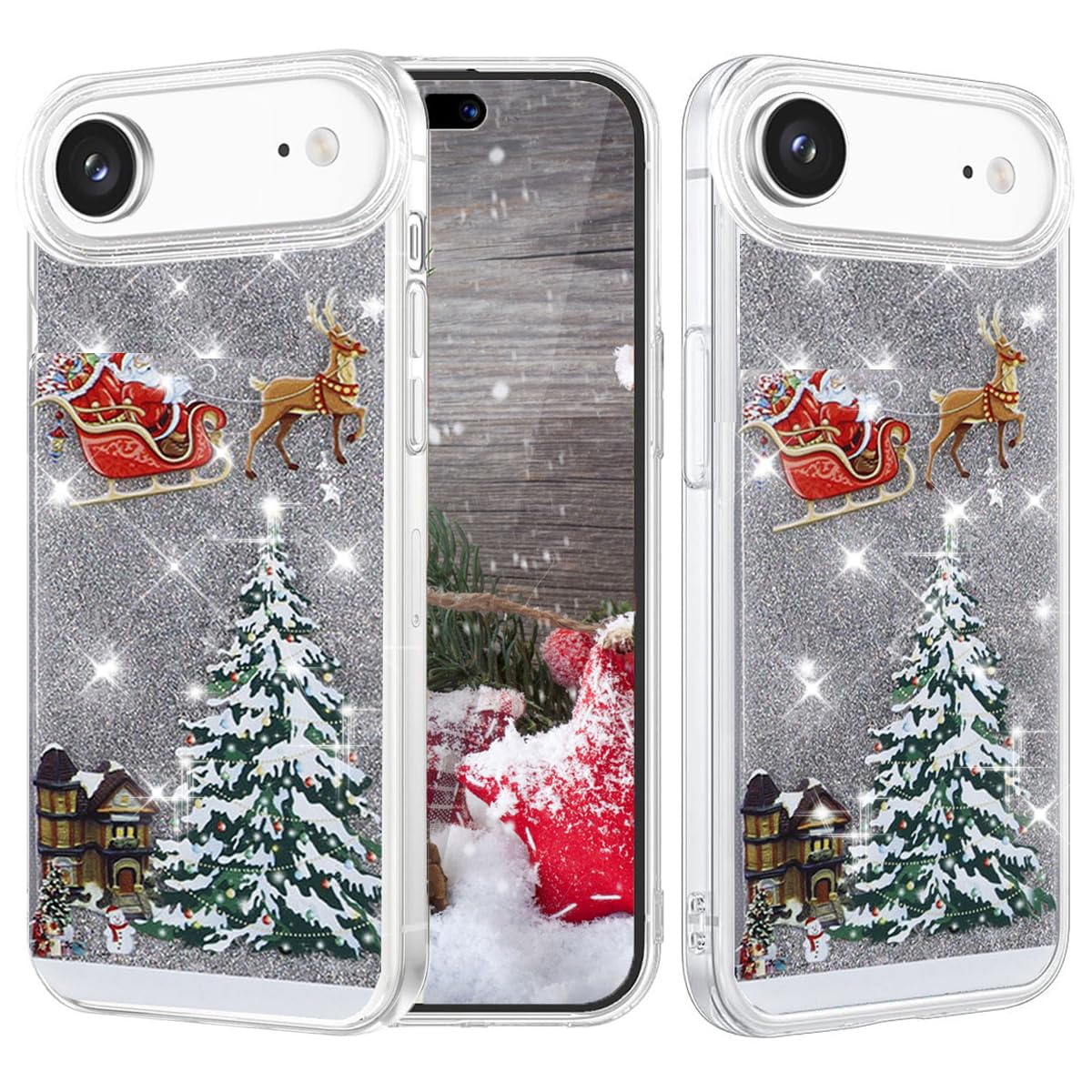 Changjia Glitter Christmas Case for iPhone 17, Cute Christmas Tree Santa Elk Liquid Flowing Floating Moving Bling Sparkle Clear Bumper Shockproof Women Girls Slim Phone Case for iPhone 17 6.3", Silver