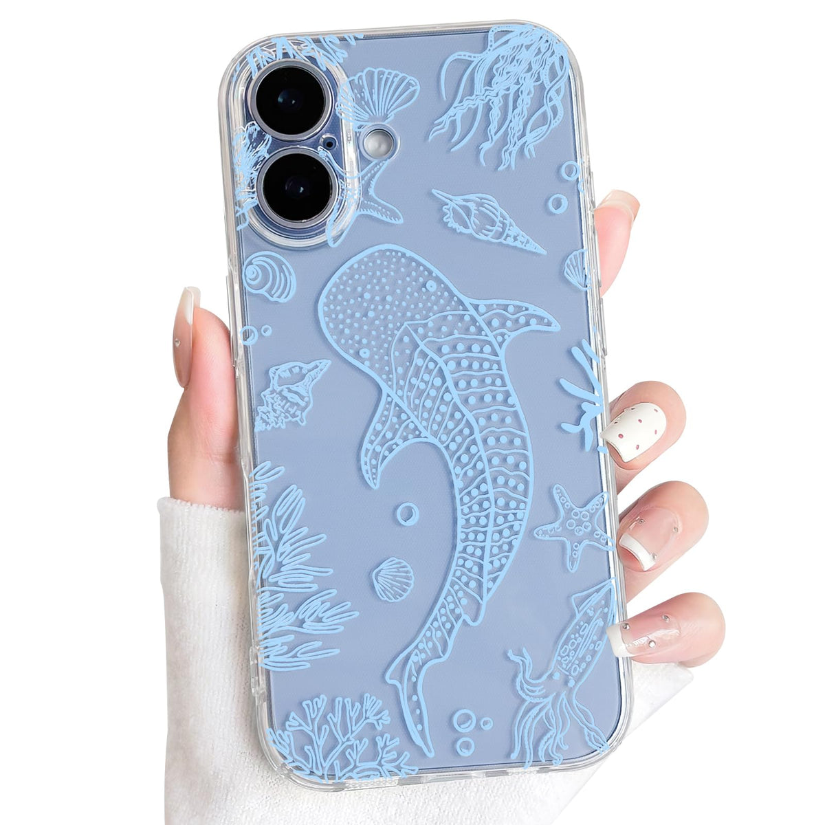 NITITOP Compatible with iPhone 16 Case Clear Sea - White Fish | Cute, Shell whale ocean animal, For women men girls boys, Slim, Soft TPU, Shockproof