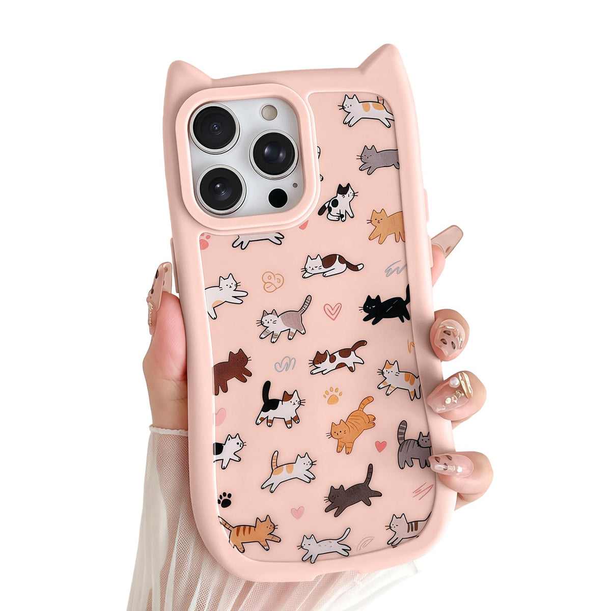for iPhone 13 Phone Case, Cute 3D Cat Ears and Vintage Hand-Drawn Multi-Cats Heart Cartoon Pattern, with Cat Paw Buttons, Trendy Shockproof Soft Protective Phone Cover, Cat Ears