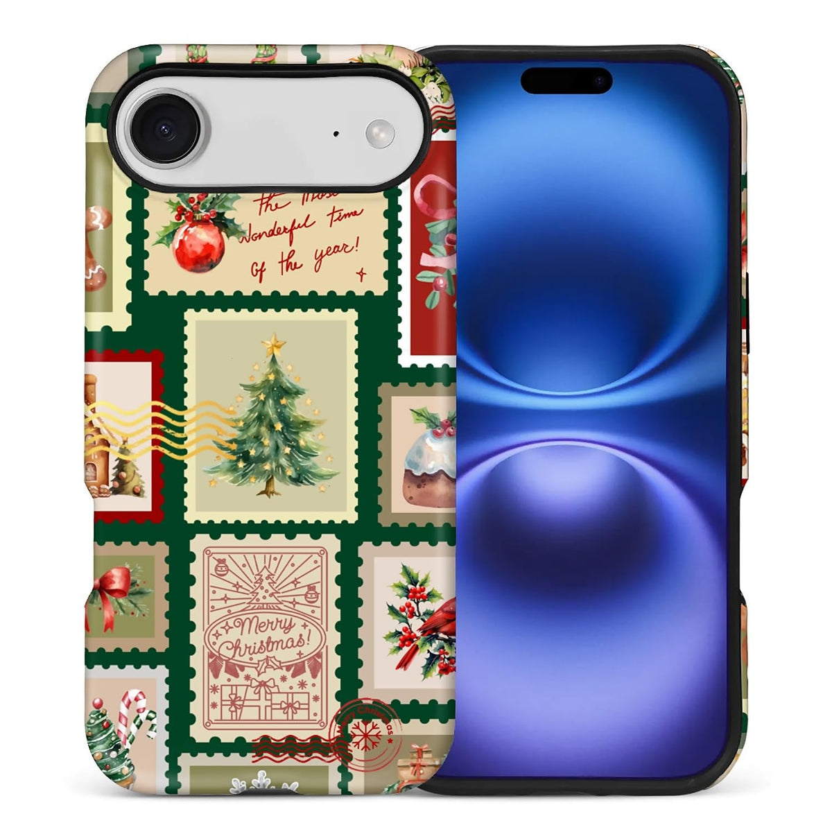Case for iPhone 17,Drop Protection Hybrid 2-Layer Hard Phone Cover-Vintage Christmas Stamps Collage