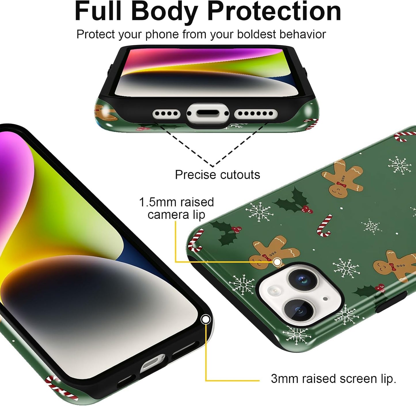 Merry Christmas Phone Case for iPhone 13/14, Cute Case with Candy Gingerbread Man Pattern, Hybrid Durable Shockproof Soft Silicone Cover for Girl Women Men Boys