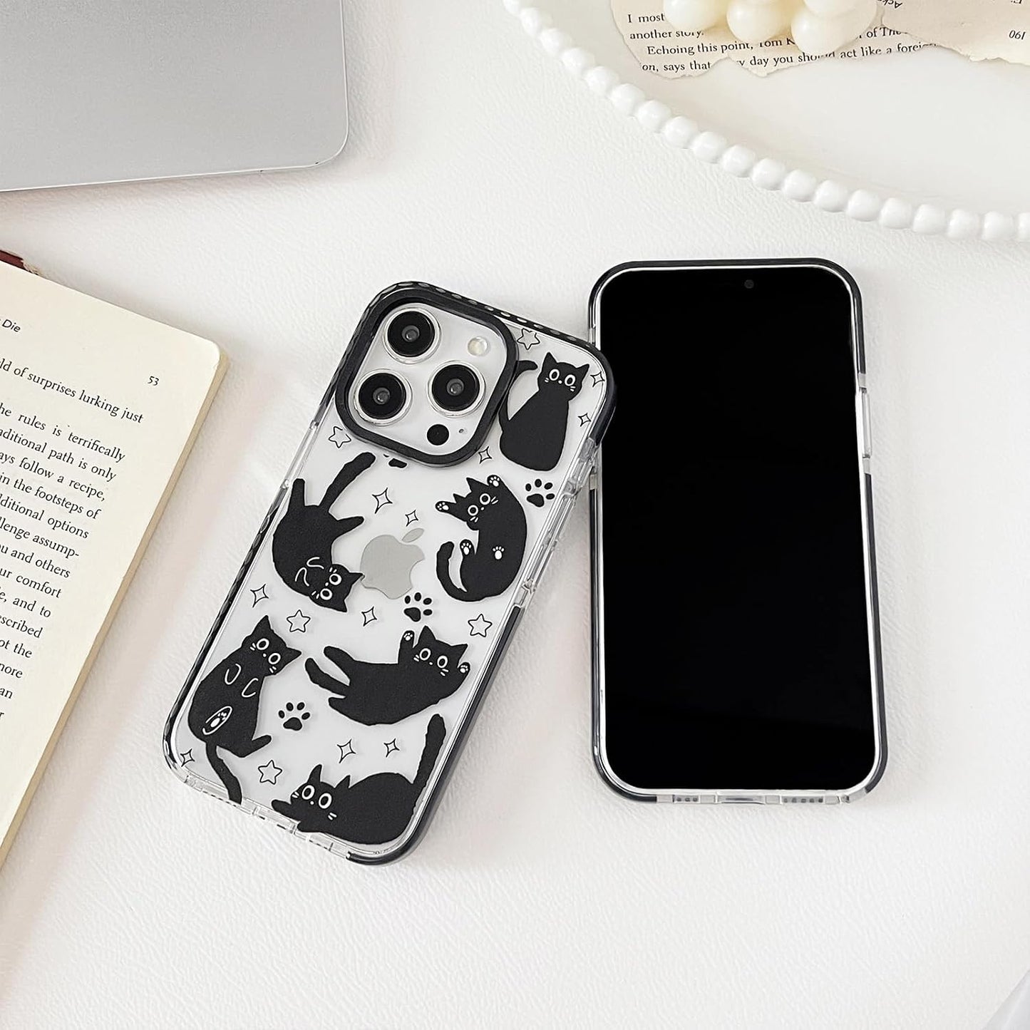Compatible with iPhone 13 / iPhone 14 Case,Clear Cute Black Cat Pattern with Shockproof Slim Soft TPU Protective Phone Case for Women
