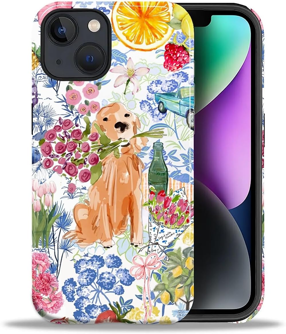 for iPhone 13/14 Case,Hybrid 2-Layer Hard Shell + Silicone Protective Case -Resistant Shockproof- Ally's Dog's Cute College Summer Flower Collage