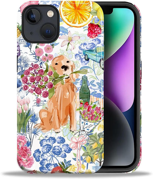 for iPhone 13/14 Case,Hybrid 2-Layer Hard Shell + Silicone Protective Case -Resistant Shockproof- Ally's Dog's Cute College Summer Flower Collage