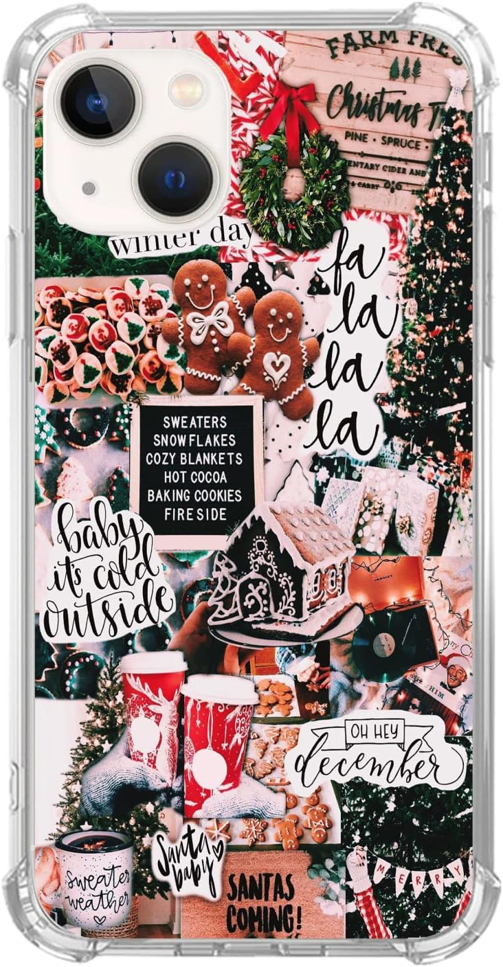 Winter Christmas Holiday Collage Case for iPhone 15, Retro Aesthetic Christmas Gingerbread and Tree Pattern Case for Girls Women Men, Unique Trendy TPU Bumper Cover Case for iPhone 15
