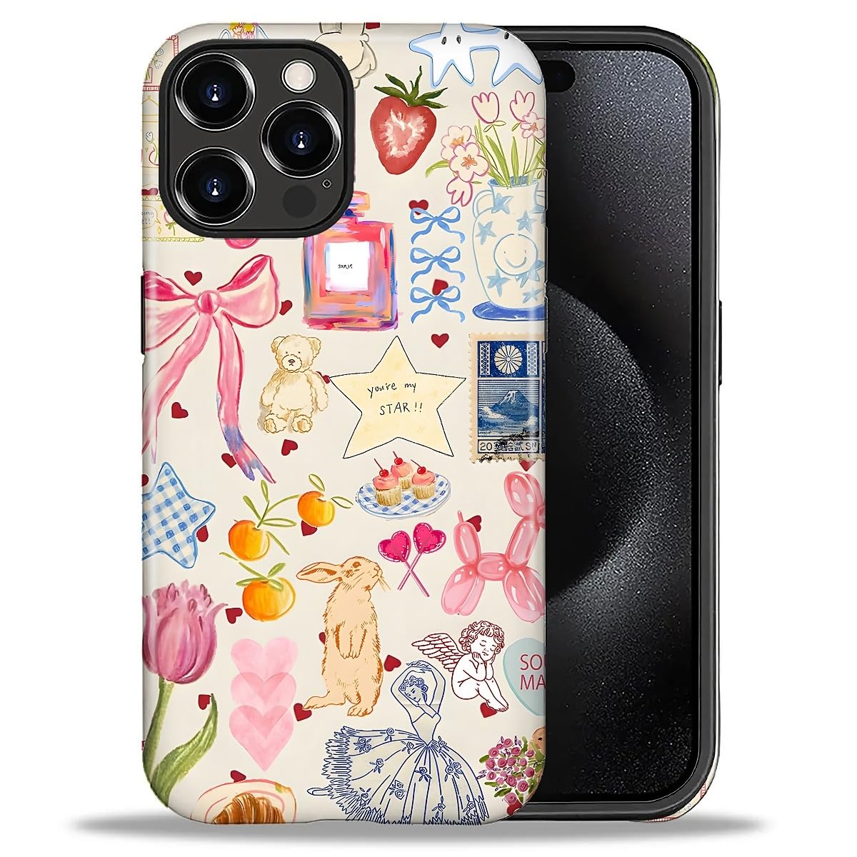 for iPhone 13/14 Case,Hybrid 2-Layer Hard Shell + Silicone Protective Case -Resistant Shockproof- A Naughty Cat with Blue Stripes Eating Fish