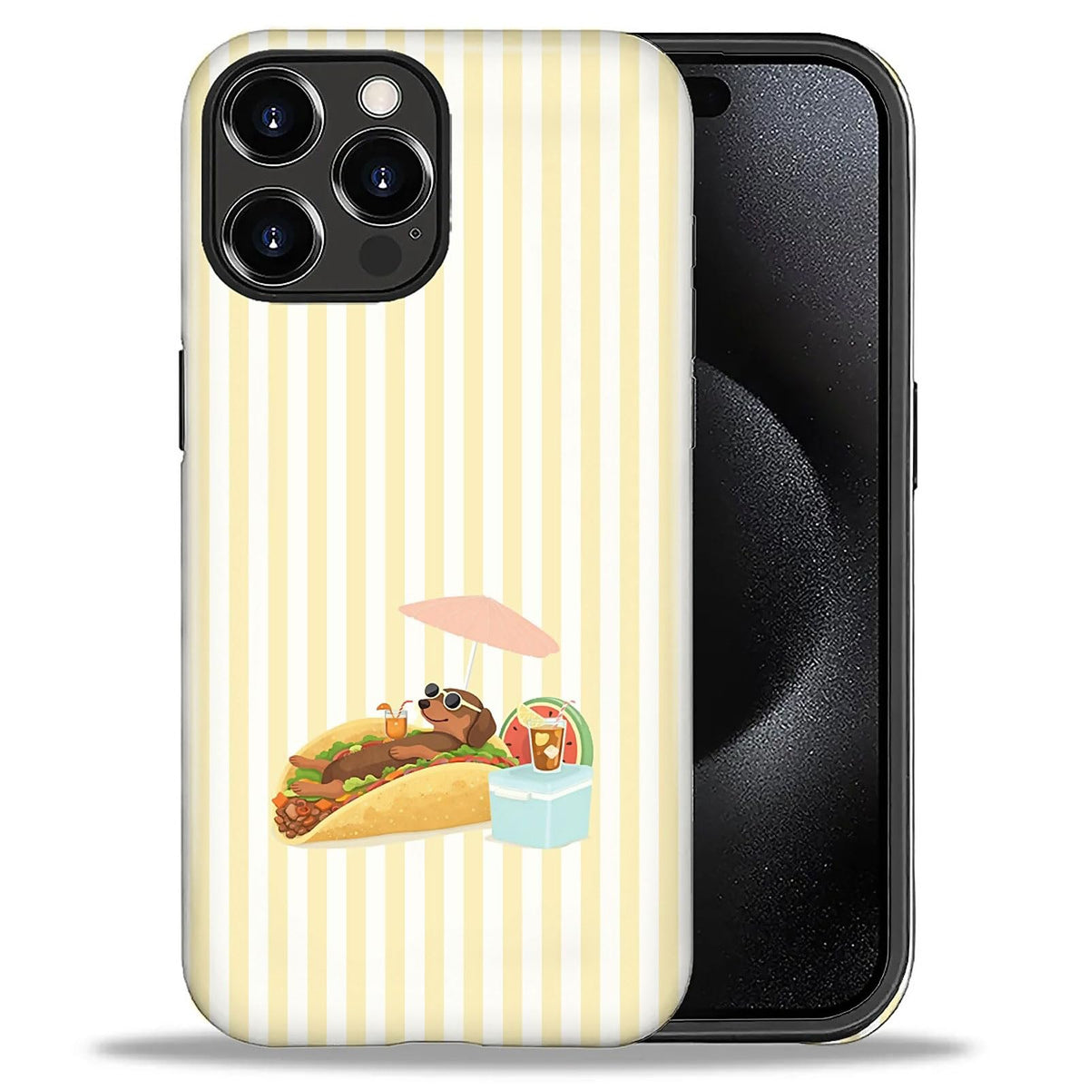 Case Compatible with iPhone 17 Pro,Double Layer Protection, Matte Finish, Anti-Drop and Anti-Fingerprint Armor -Yellow Striped Taco Vacation Sausage Dog Collage