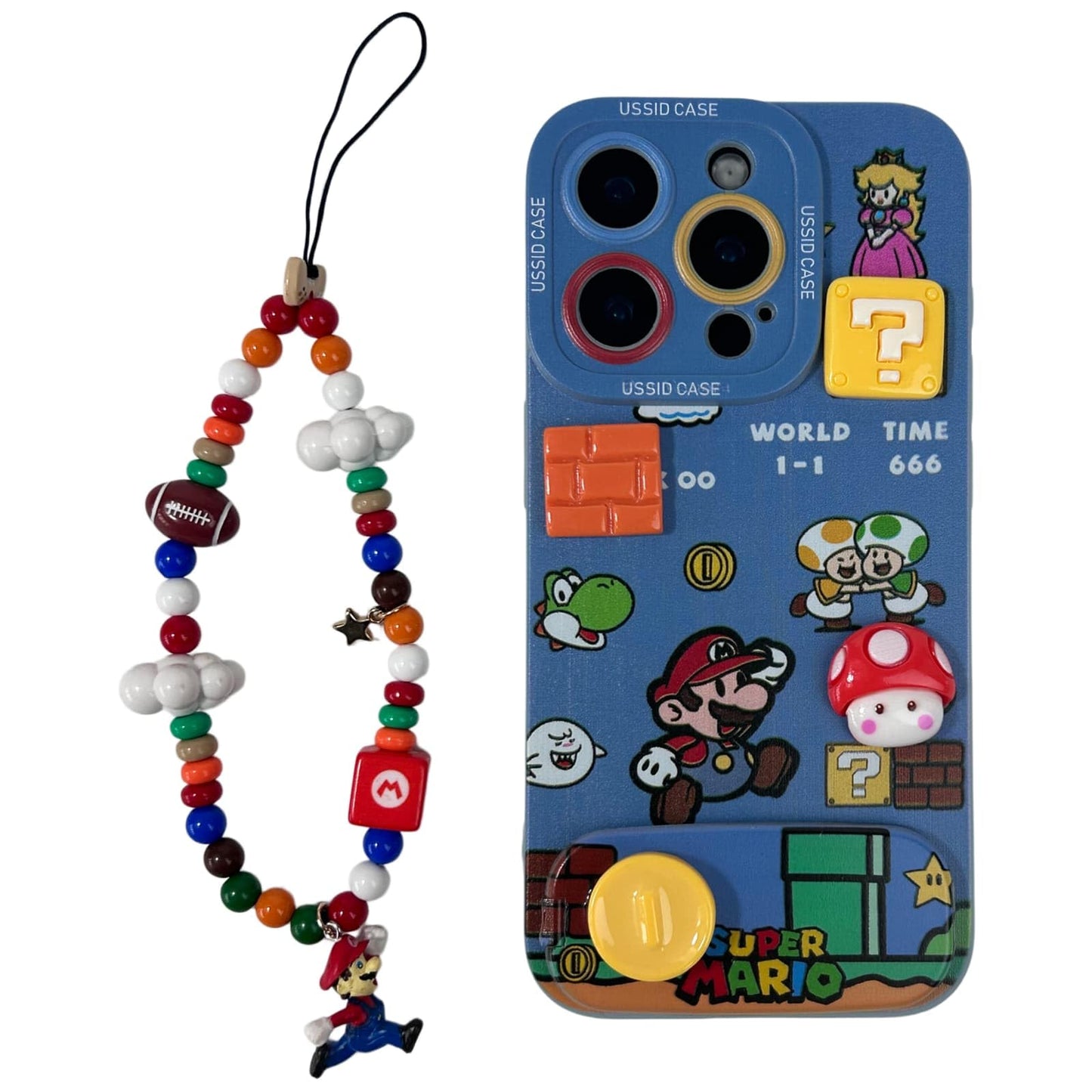 Mario Phone Case for iPhone 17 Pro Max with Mario Beaded Strap & Flip Mirror Kickstand, Cute Cartoon Shockproof Protective Cover with Peach Princess & Mushroom 3D Design (17pm)