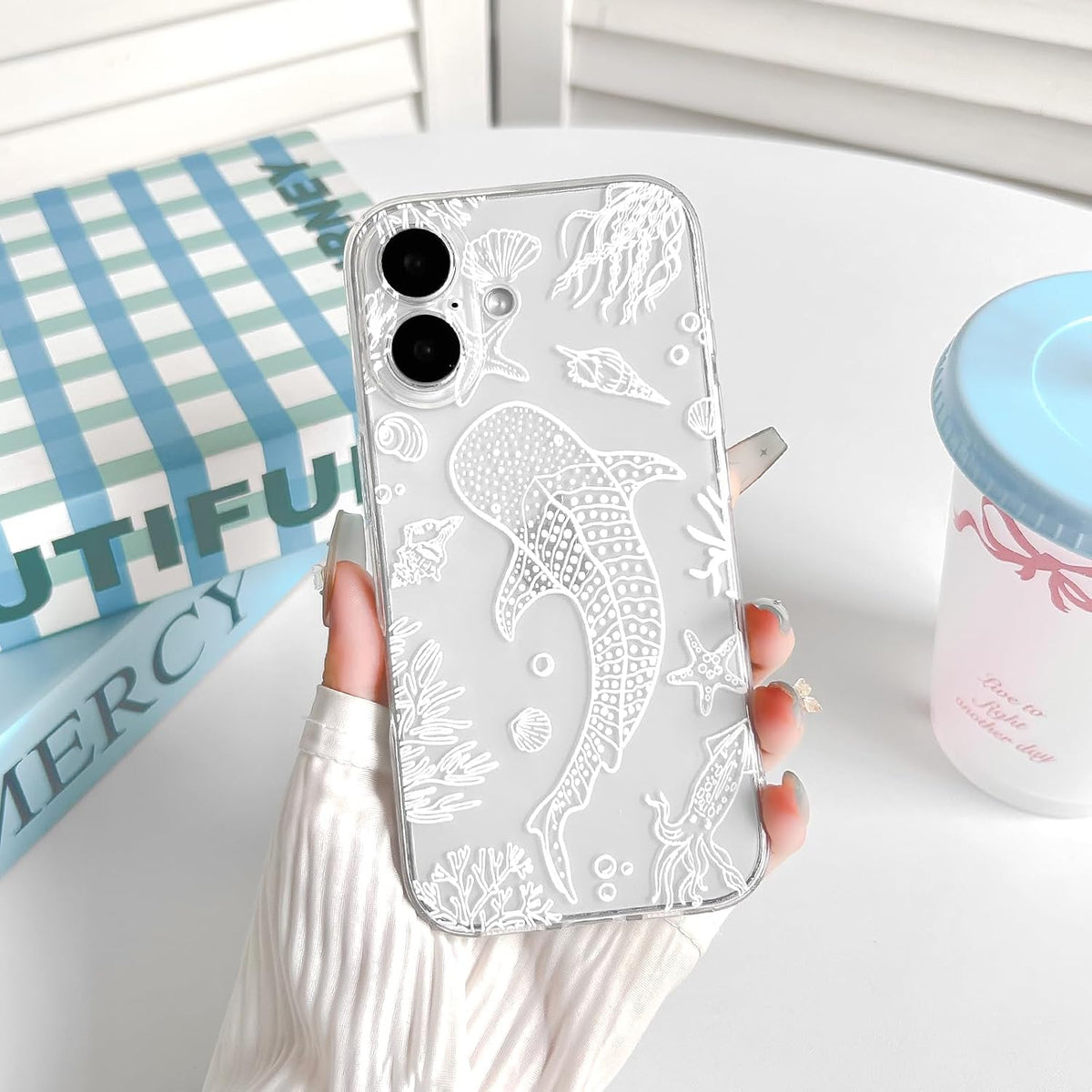 NITITOP Compatible with iPhone 16 Case Clear Sea - White Fish | Cute, Shell whale ocean animal, For women men girls boys, Slim, Soft TPU, Shockproof