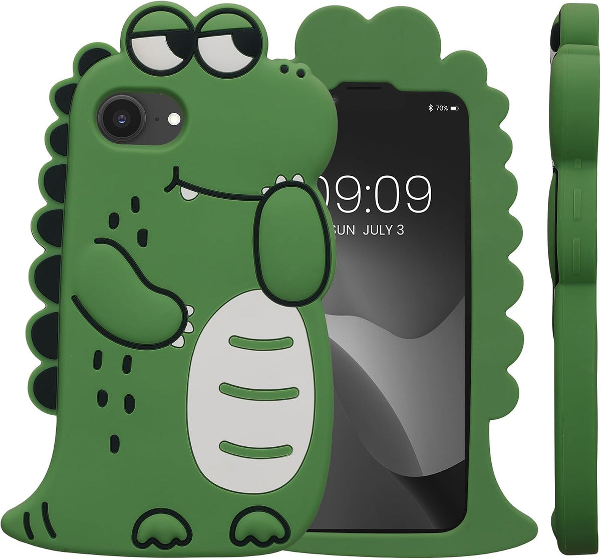 kwmobile Case Compatible with Apple iPhone 17e / iPhone 16e - Cute Dinosaur Case Soft Cute Protective Silicone Cover - Black/White/Green