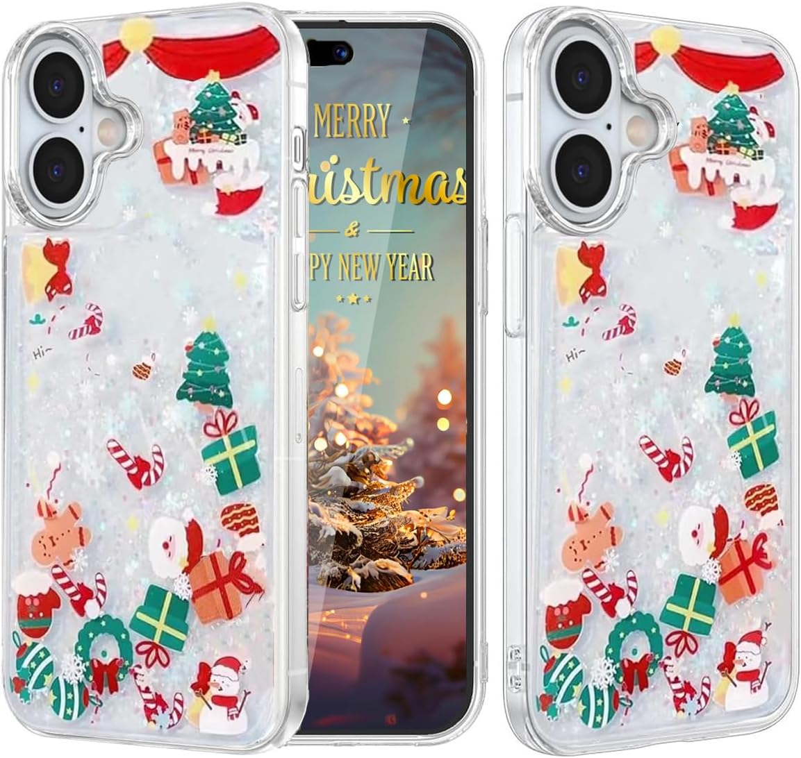 Glitter Flowing Liquid Christmas Case for iPhone 16 Christmas Pattern Santa Reindeer Snowman Holiday Design Floating Moving Sparkle Bling Glitter Transparent for iPhone 16 (Clear)