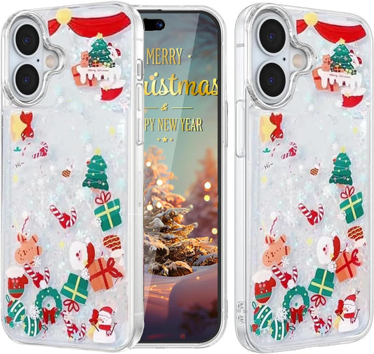 Glitter Flowing Liquid Christmas Case for iPhone 16 Christmas Pattern Santa Reindeer Snowman Holiday Design Floating Moving Sparkle Bling Glitter Transparent for iPhone 16 (Clear)