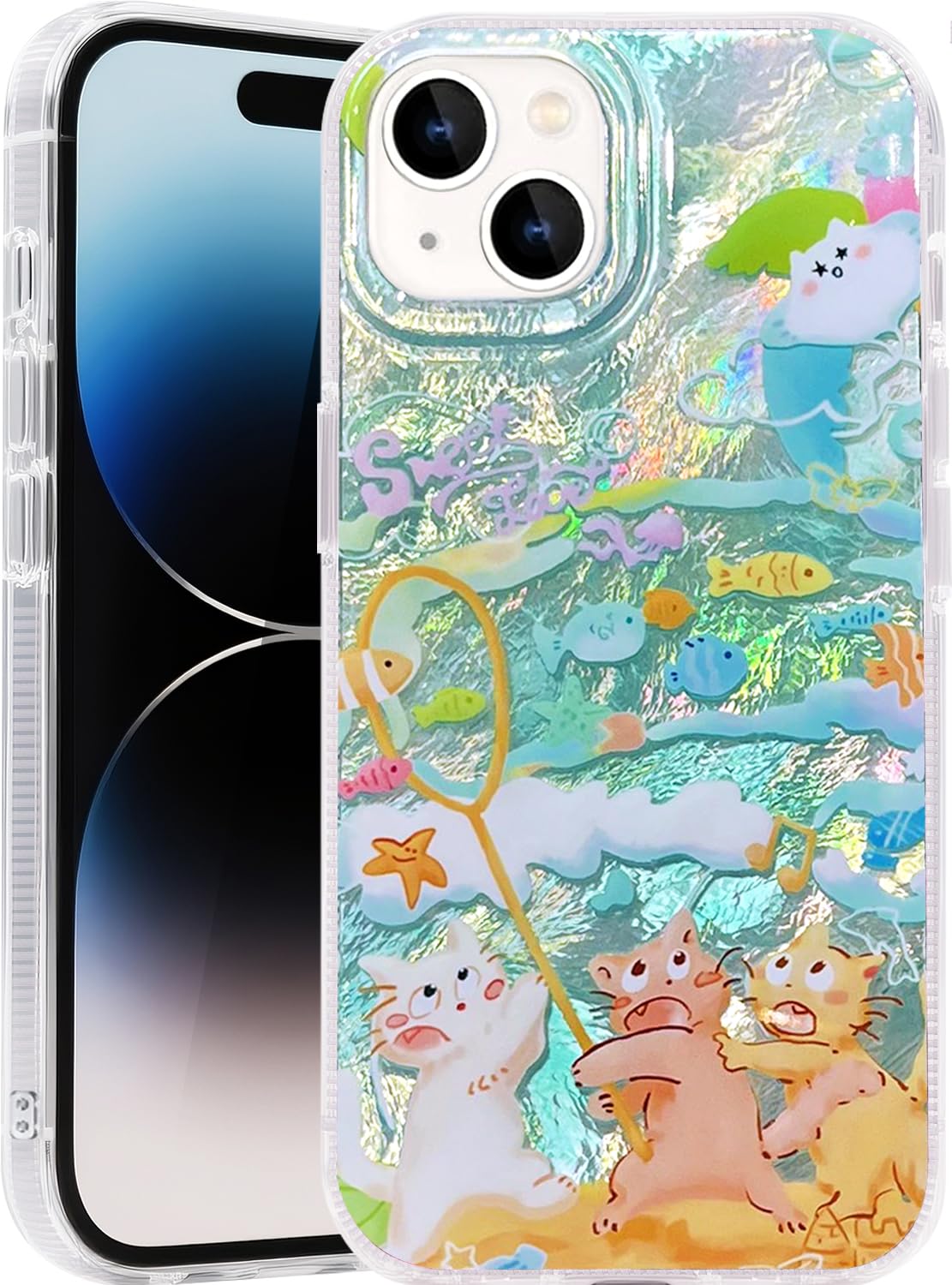 Compatible with iPhone 17 Pro Case,with [Soft Slim][Camera Protection] Cute Fishing Cats Shiny Aesthetic Phone Cover Anti-Yellowing Shockproof Protective Cover for Women Girl