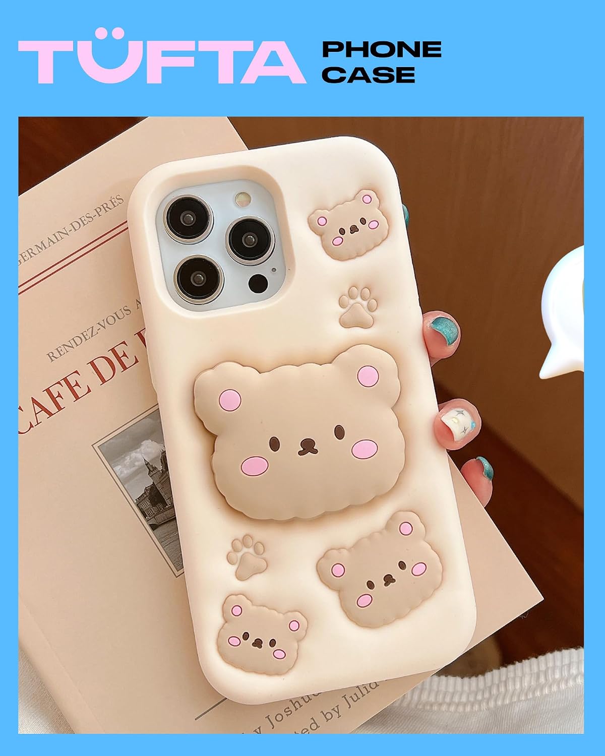 for iPhone 17 Case, Kawaii Teddy Bear Pop-Up Grip for Girls | Makes Mirror Selfies Sweeter, Cute Girly 3D Animal Style with Stand, Soft Silicone Drop Protection