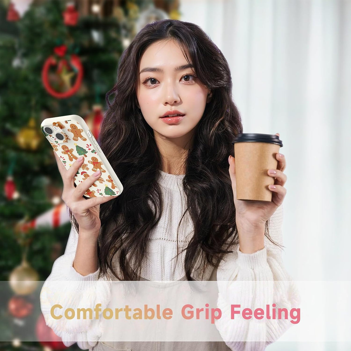 Christmas Case for iPhone 13 Case Cute Xmas Merry Christmas Tree Gingerbread Man Pattern Santa Holiday Aesthetic Gifts Girly Girls Women Kids Soft TPU Protective Cover, Beige