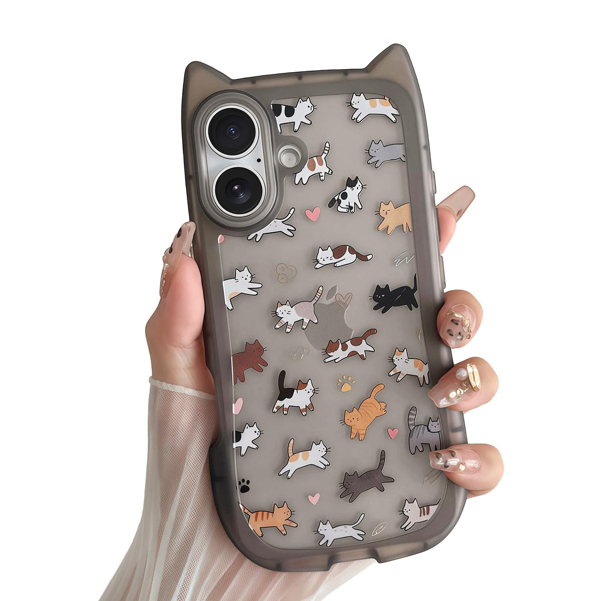 for iPhone 13 Phone Case, Cute 3D Cat Ears and Vintage Hand-Drawn Multi-Cats Heart Cartoon Pattern, with Cat Paw Buttons, Trendy Shockproof Soft Protective Phone Cover, Cat Ears