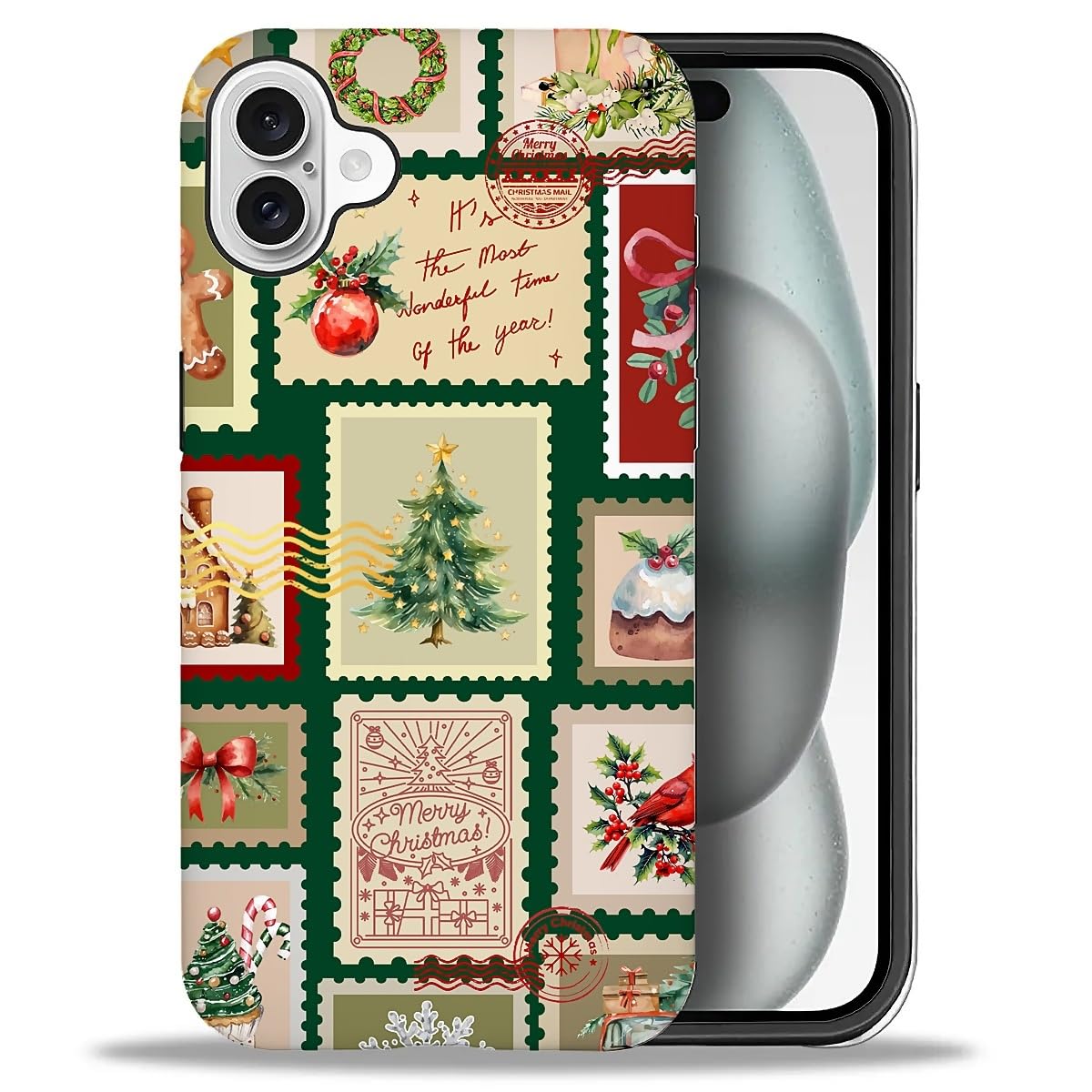 Case for iPhone 17,Drop Protection Hybrid 2-Layer Hard Phone Cover-Vintage Christmas Stamps Collage