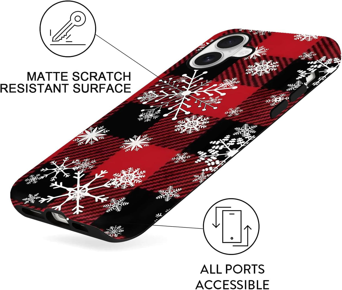 Merry Christmas Phone Case for iPhone 16 6.1", Cute Xmas Case with Snowflake Gingham Plaid Pattern Design 2-in-1 Matte Cover Shockproof Slim Soft TPU Hard PC Protection Girls Women Funda