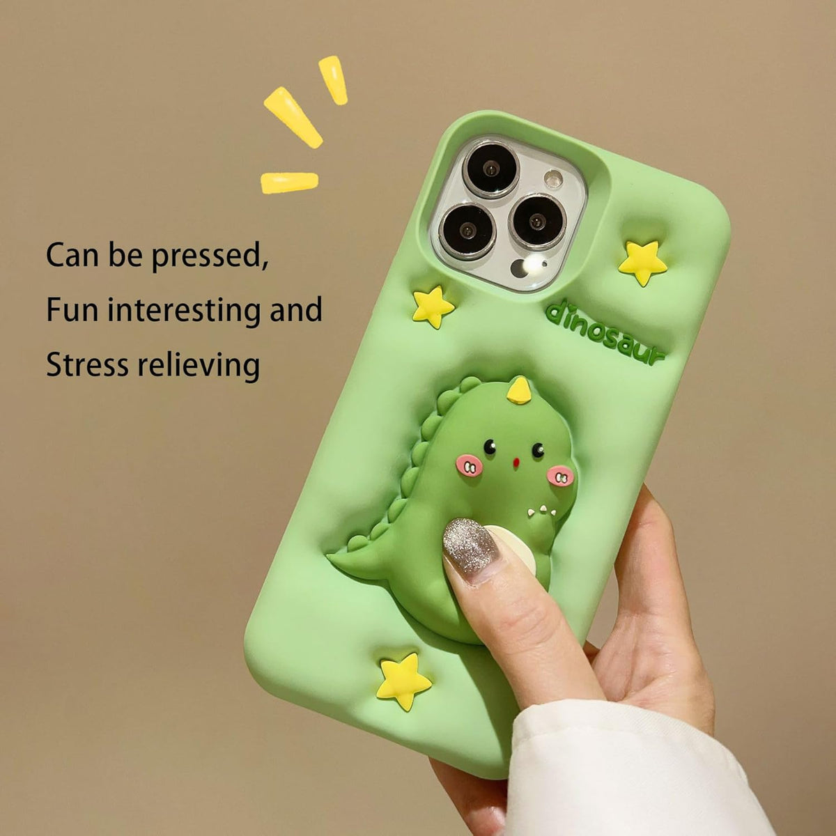 3D Dinosaur Case,Cartoon Cute Kawaii Character Funny Pressing Dinosaur Kids Teens Girls Women Shockproof Soft Silicone Case for iPhone 13/iPhone 14/iPhone 15 6.1 inch