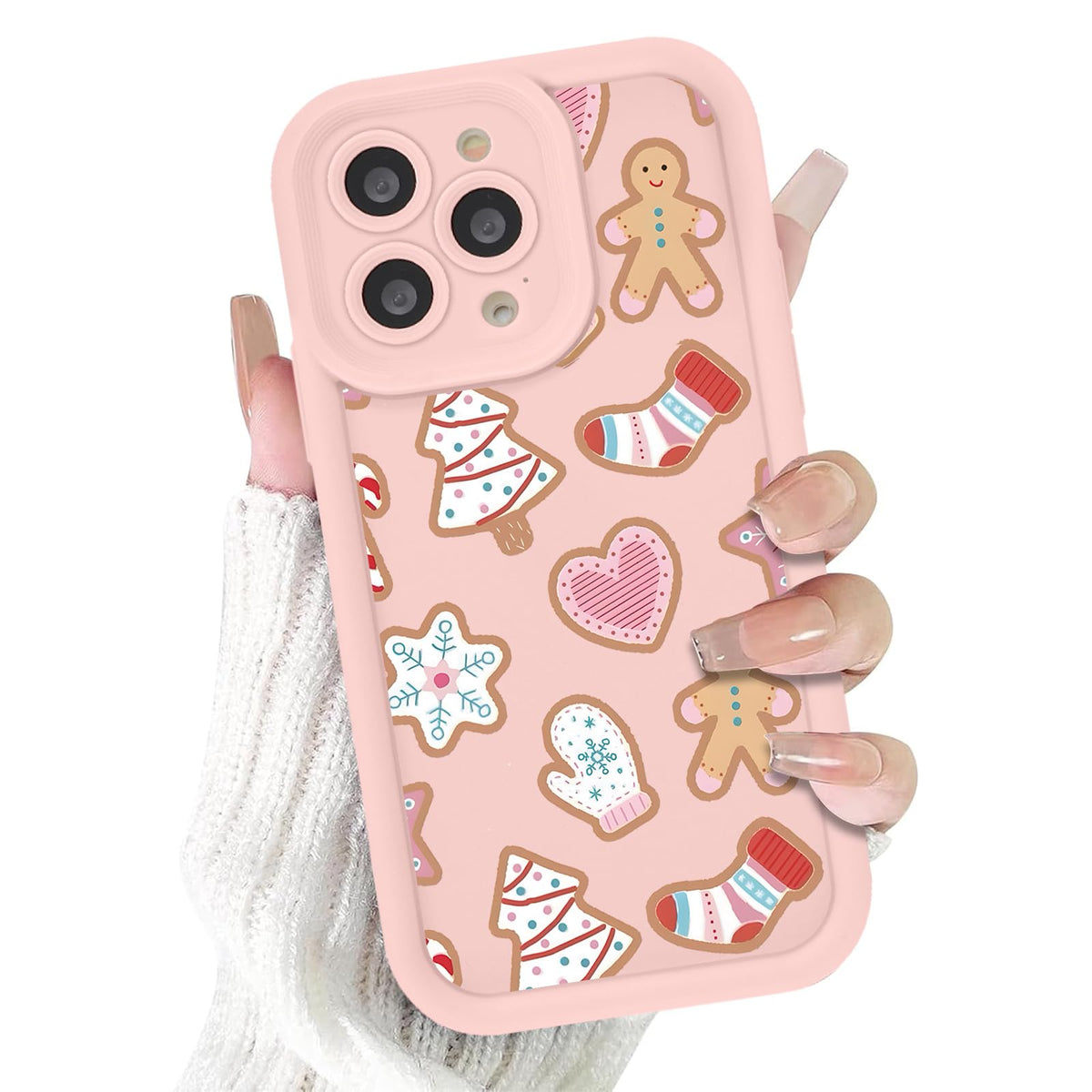 Christmas Phone Case for iPhone 14 6.1", Cute Christmas Tree Gingerbread Man Snowflake Pattern Gifts Case, Pink Aesthetic Protective Shockproof Silicone Cover for Women Girls Men -Pink Snowflakes