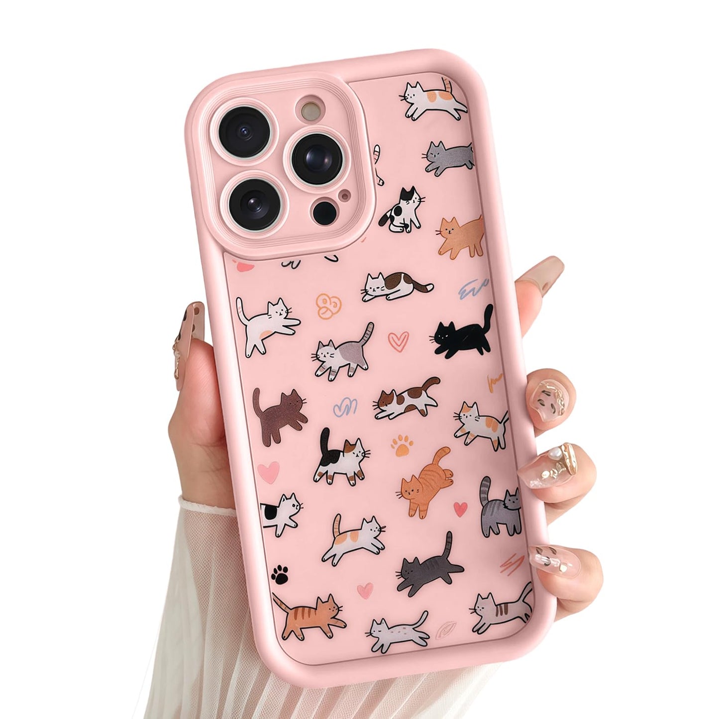 for iPhone 13 Phone Case, Cute 3D Cat Ears and Vintage Hand-Drawn Multi-Cats Heart Cartoon Pattern, with Cat Paw Buttons, Trendy Shockproof Soft Protective Phone Cover, Cat Ears