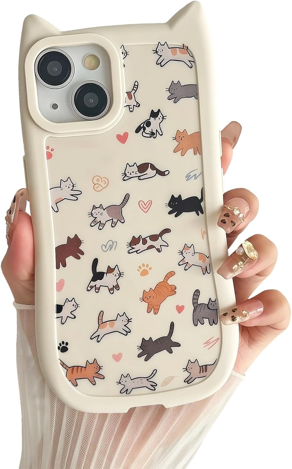 for iPhone 13 Phone Case, Cute 3D Cat Ears and Vintage Hand-Drawn Multi-Cats Heart Cartoon Pattern, with Cat Paw Buttons, Trendy Shockproof Soft Protective Phone Cover, Cat Ears