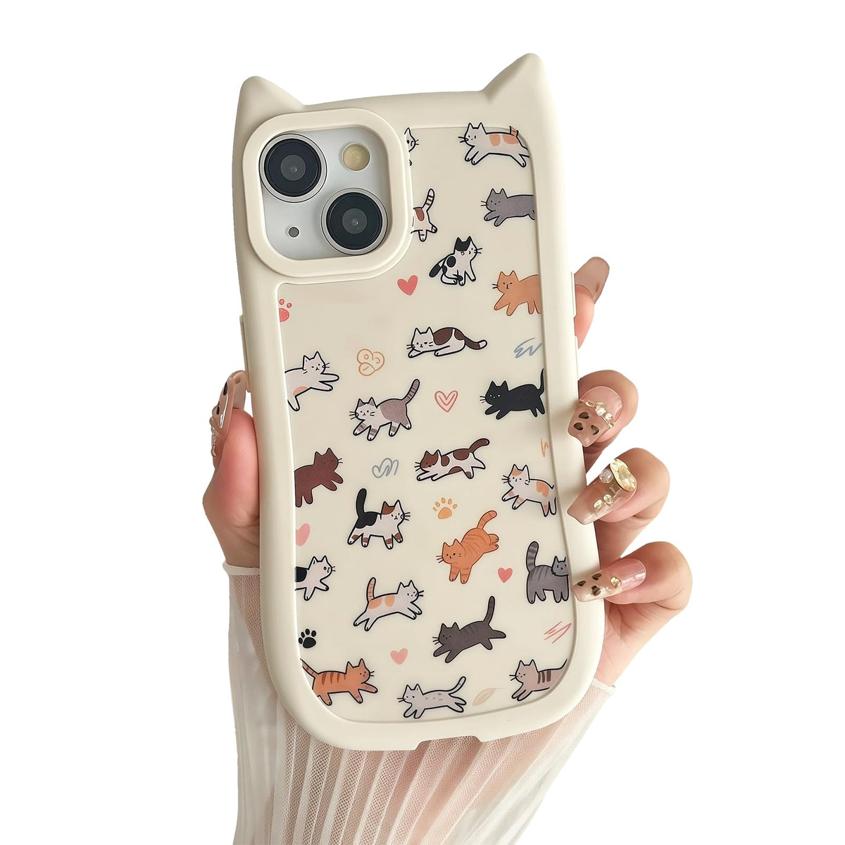 for iPhone 13 Phone Case, Cute 3D Cat Ears and Vintage Hand-Drawn Multi-Cats Heart Cartoon Pattern, with Cat Paw Buttons, Trendy Shockproof Soft Protective Phone Cover, Cat Ears