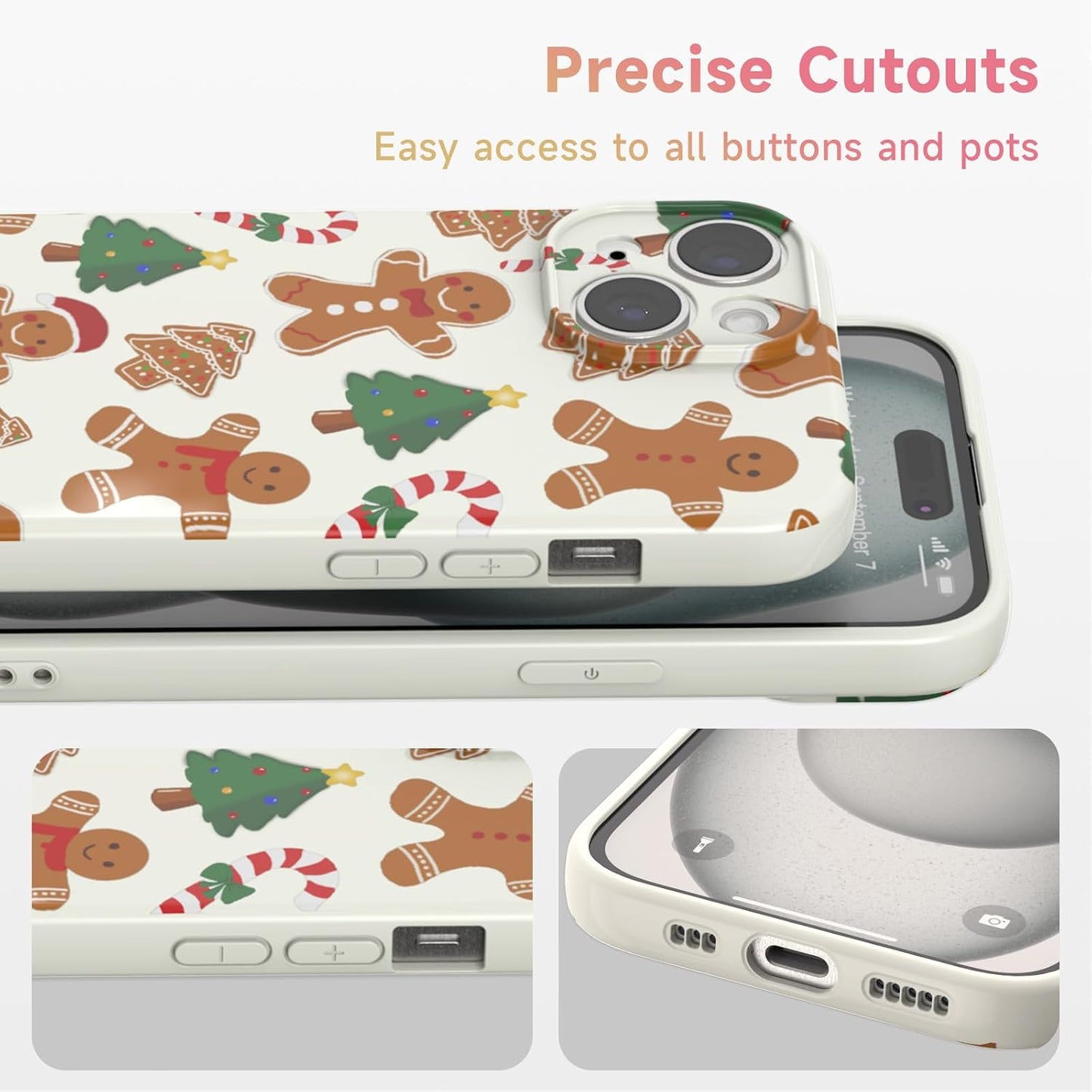 Christmas Case for iPhone 13 Case Cute Xmas Merry Christmas Tree Gingerbread Man Pattern Santa Holiday Aesthetic Gifts Girly Girls Women Kids Soft TPU Protective Cover, Beige