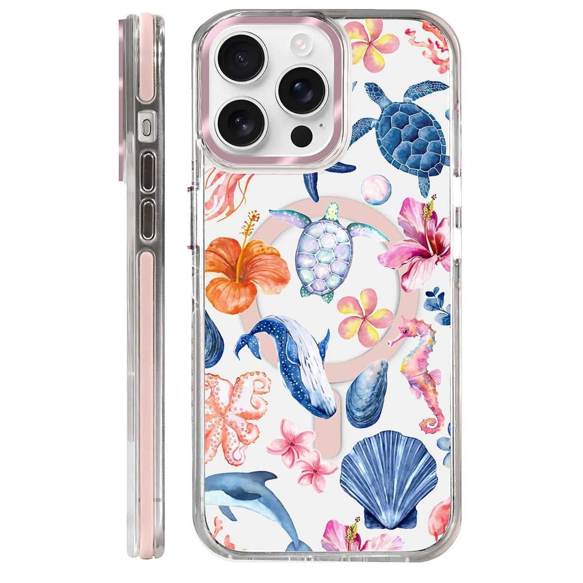 for iPhone 15 Case,Compatible with MagSafe,The Transparent TPU Silicone Protects The Phone Case from Drops, Slips and Fingerprints.Blue Ocean Whale Shark Octopus Turtle Collage