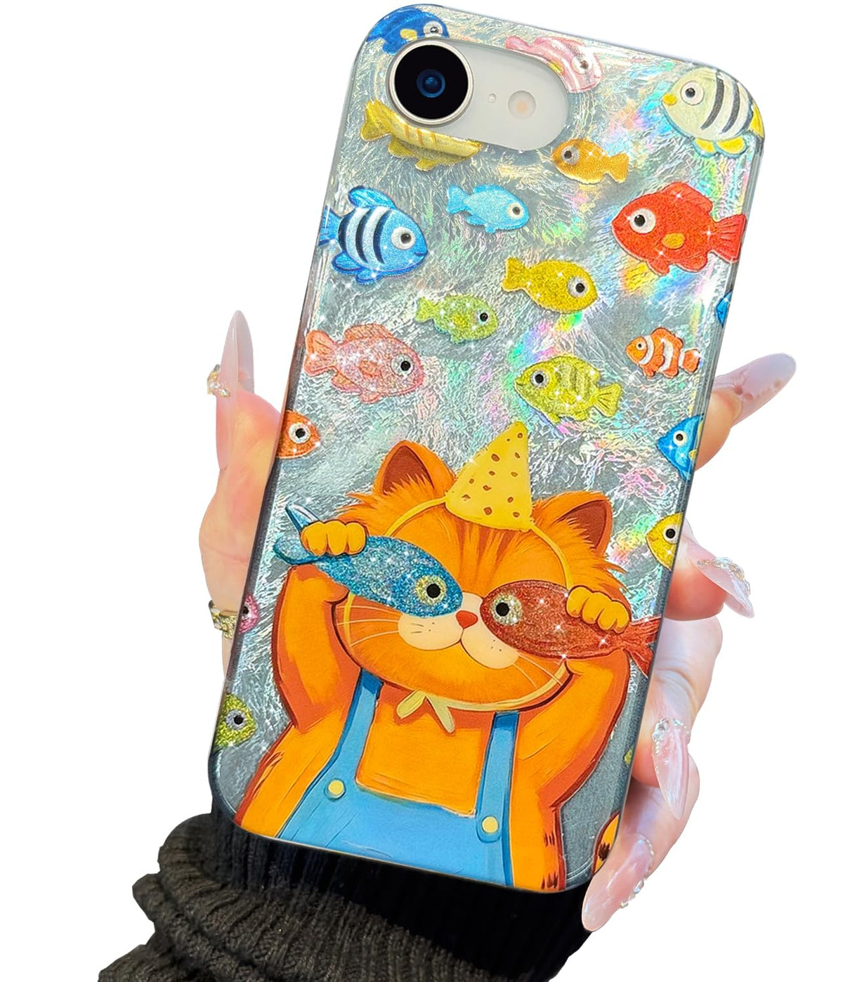 Compatible with iPhone 17 Case,with [Soft Slim][Camera Protection] Cute Fishing Cats Shiny Aesthetic Phone Cover Anti-Yellowing Shockproof Protective Cover for Women Girl
