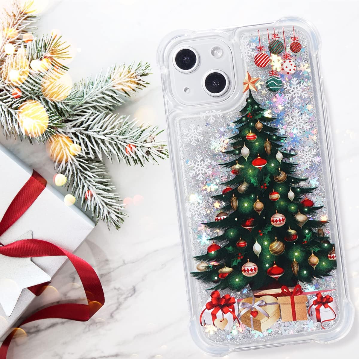 Glitter Christmas Case Compatible with iPhone 13 Glitter Case Christmas Tree Clear Soft TPU Rubber Bumper Girly Women Cute Liquid Holiday Case for iPhone 13 iPhone 14 (Christmas Tree)