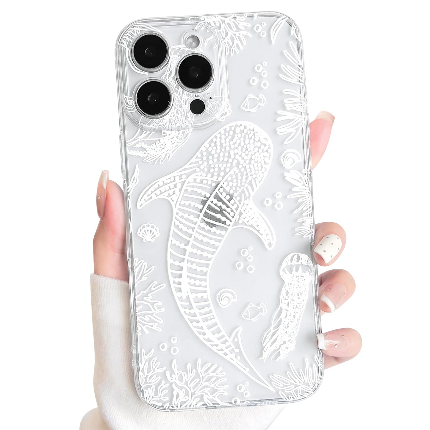NITITOP Compatible with iPhone 16 Case Clear Sea - White Fish | Cute, Shell whale ocean animal, For women men girls boys, Slim, Soft TPU, Shockproof
