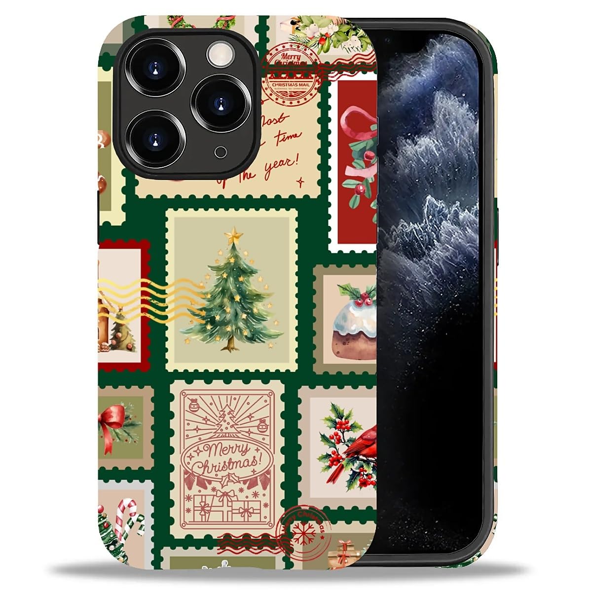 Case for iPhone 17,Drop Protection Hybrid 2-Layer Hard Phone Cover-Vintage Christmas Stamps Collage