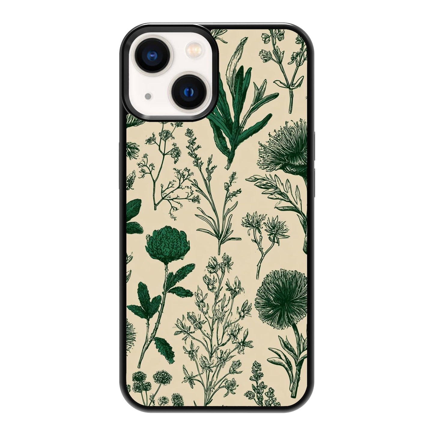 Elegant Forest Green Botanical Leaf and Plant Illustration Phone Case, Shockproof Protective Cover for iPhone 11 12 13 14 15 16 17 Pro Max Plus Mini XR 7 8 SE