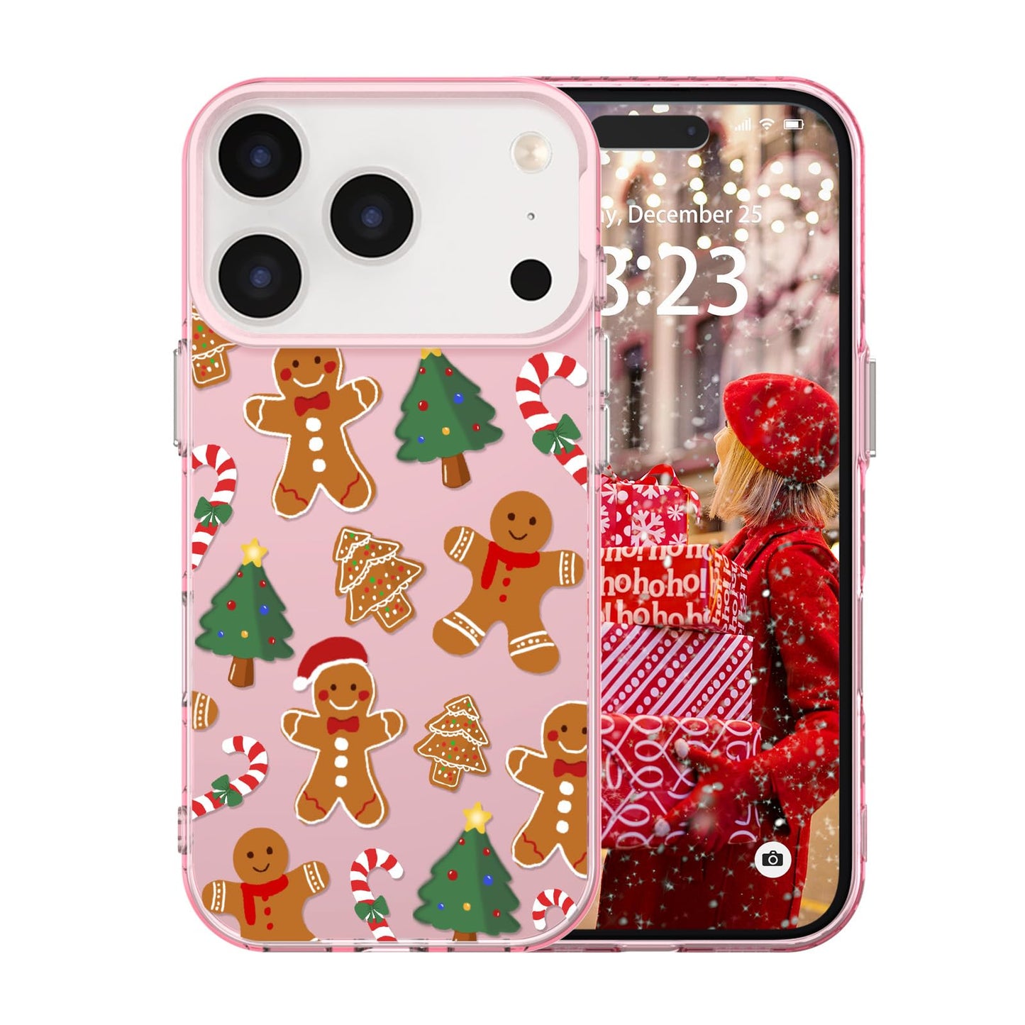 for iPhone 16 Plus Christmas Case Cute - Gingerbread Man/Pink | Gingerbread Man Tree Girly Women Girls Kids Snowflakes Candy Winter Holiday Festival Gifts Trendy Glossy Protective Cover