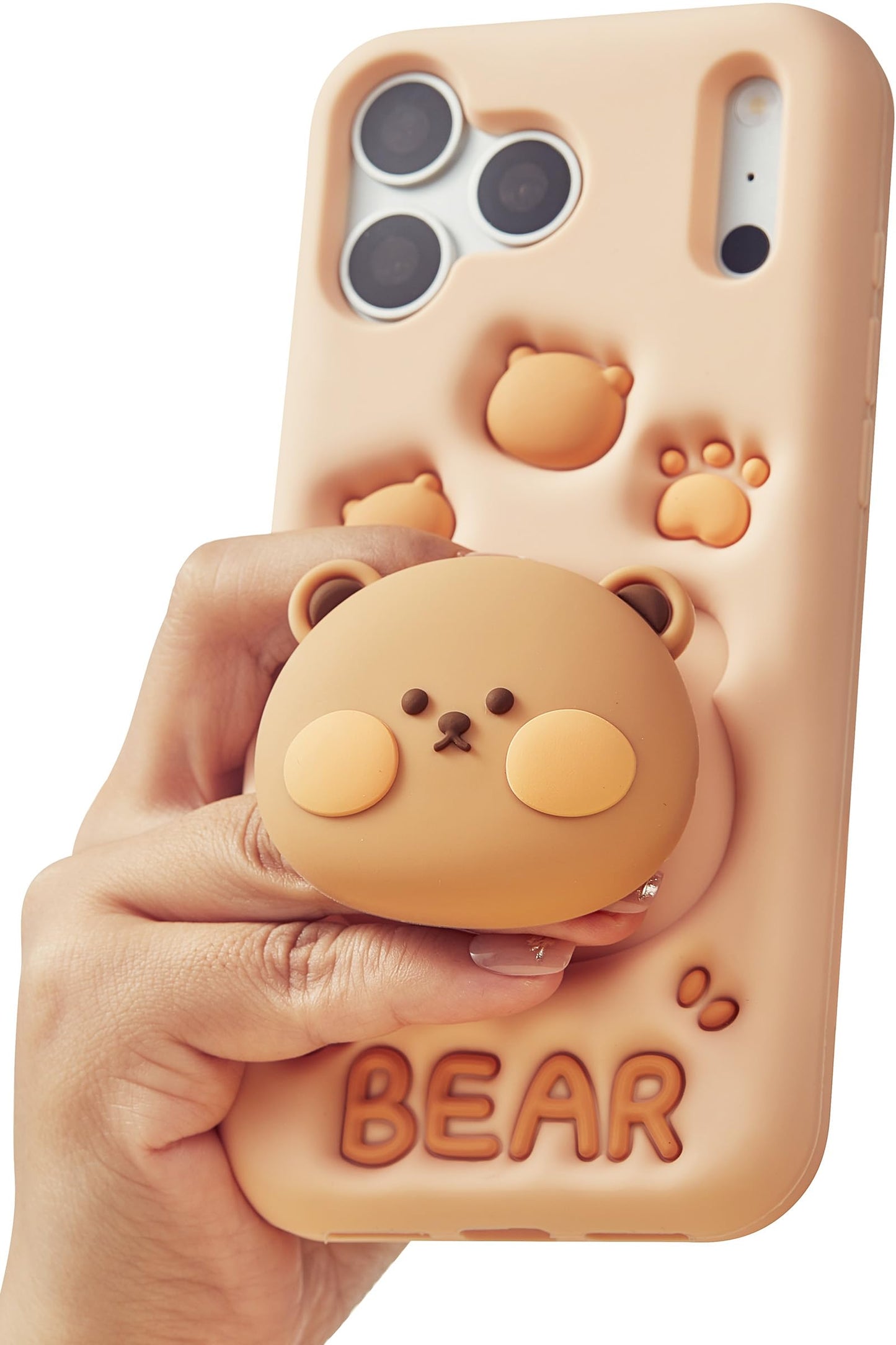 Kawaii 3D Teddy Bear Phone Case for iPhone 12 mini / 13 mini (with Stand and Grip) Cute Girly Cartoon Animal Phone Cover for Girls, Boys, Kids, Teens, and Women, Tan | Makes Mirror Selfies Sweeter, Cute Girly 3D Animal Style with Stand, Soft Silicone Drop