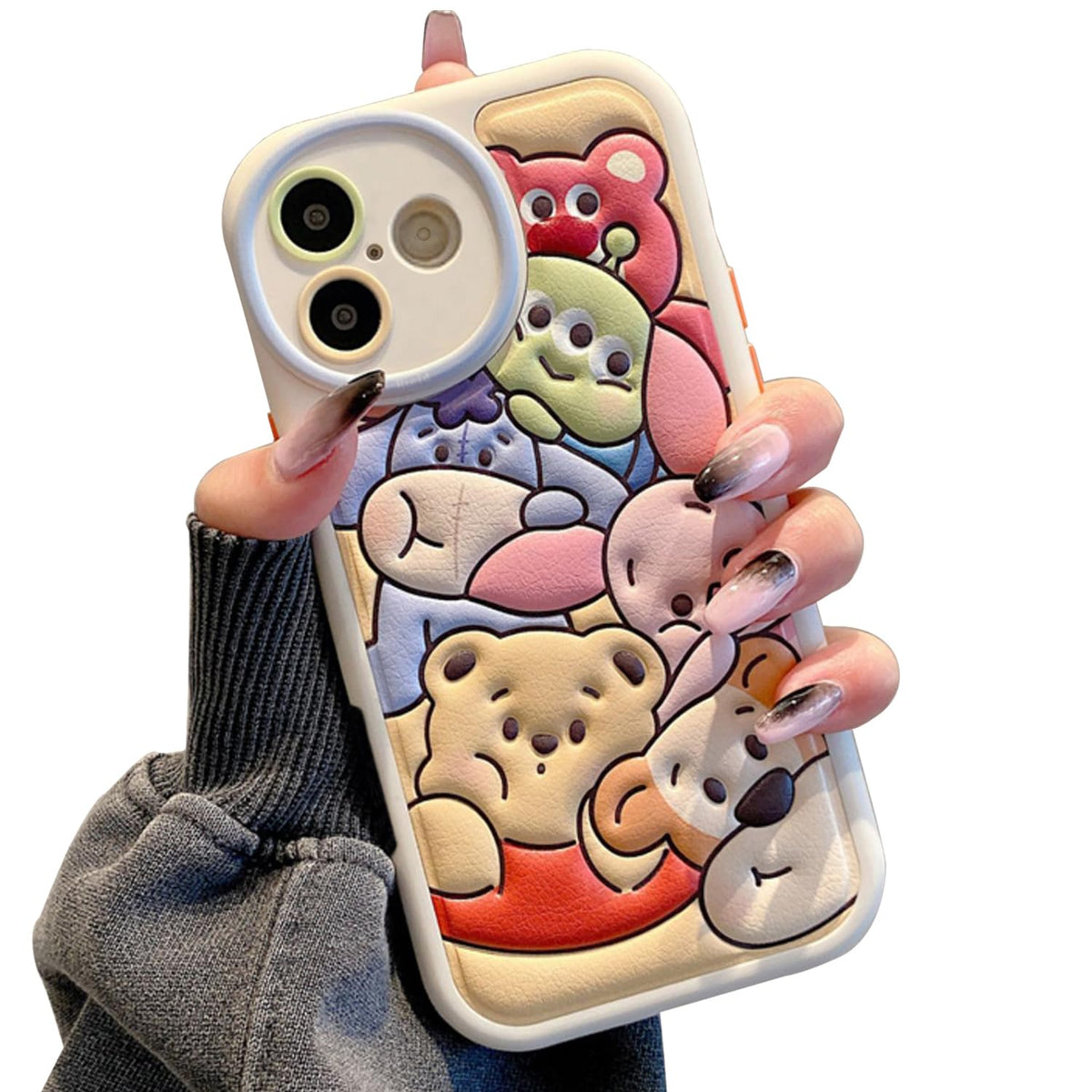 Compatible with iPhone 16 Pro Cute Case, Kawaii Phone Case TPU Leather Cute Bear Cartoon case Soft Rubber Shockproof Protective for iPhone 16 Pro Case Cover for Women Girls