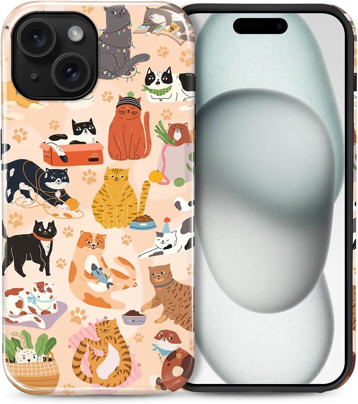 Case for iPhone 15, Shockproof Hybrid Protective Phone Case, Dual-Layer Drop Protection Anti-Scratch, Cozy Cats