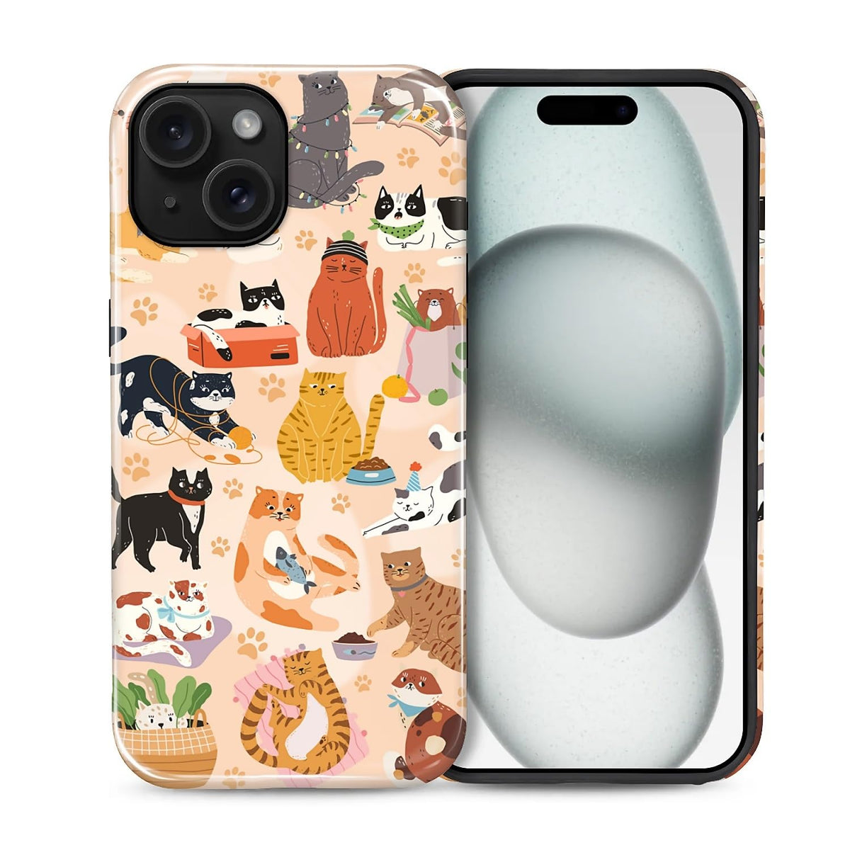 Case for iPhone 15, Shockproof Hybrid Protective Phone Case, Dual-Layer Drop Protection Anti-Scratch, Cozy Cats