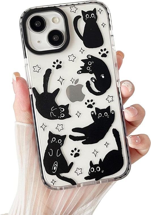 Compatible with iPhone 13 / iPhone 14 Case,Clear Cute Black Cat Pattern with Shockproof Slim Soft TPU Protective Phone Case for Women