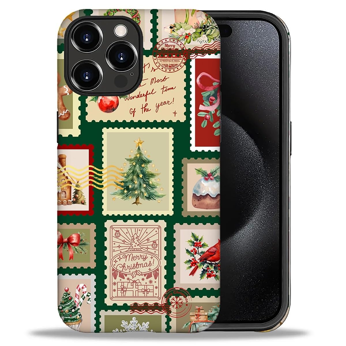 Case for iPhone 17,Drop Protection Hybrid 2-Layer Hard Phone Cover-Vintage Christmas Stamps Collage