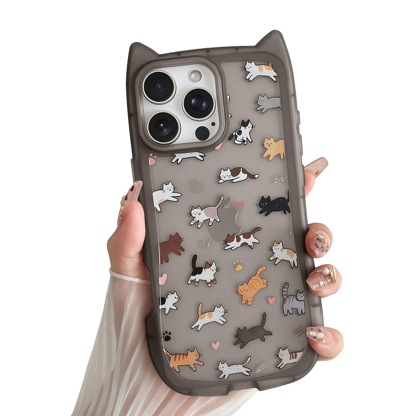 for iPhone 13 Phone Case, Cute 3D Cat Ears and Vintage Hand-Drawn Multi-Cats Heart Cartoon Pattern, with Cat Paw Buttons, Trendy Shockproof Soft Protective Phone Cover, Cat Ears