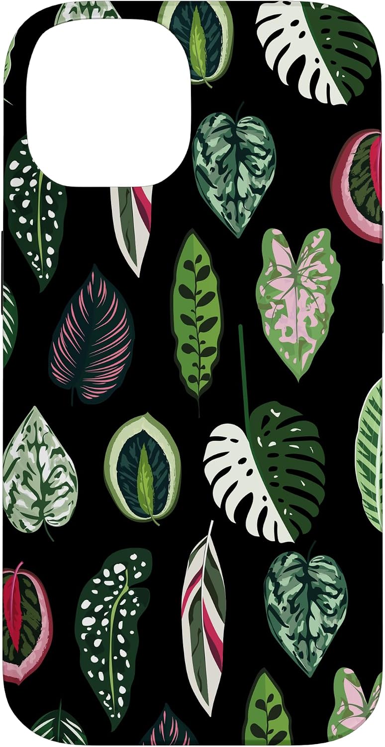 Calathea Varigatea Monstera Plant Leaf Black Case for iPhone 15 Pro Max
