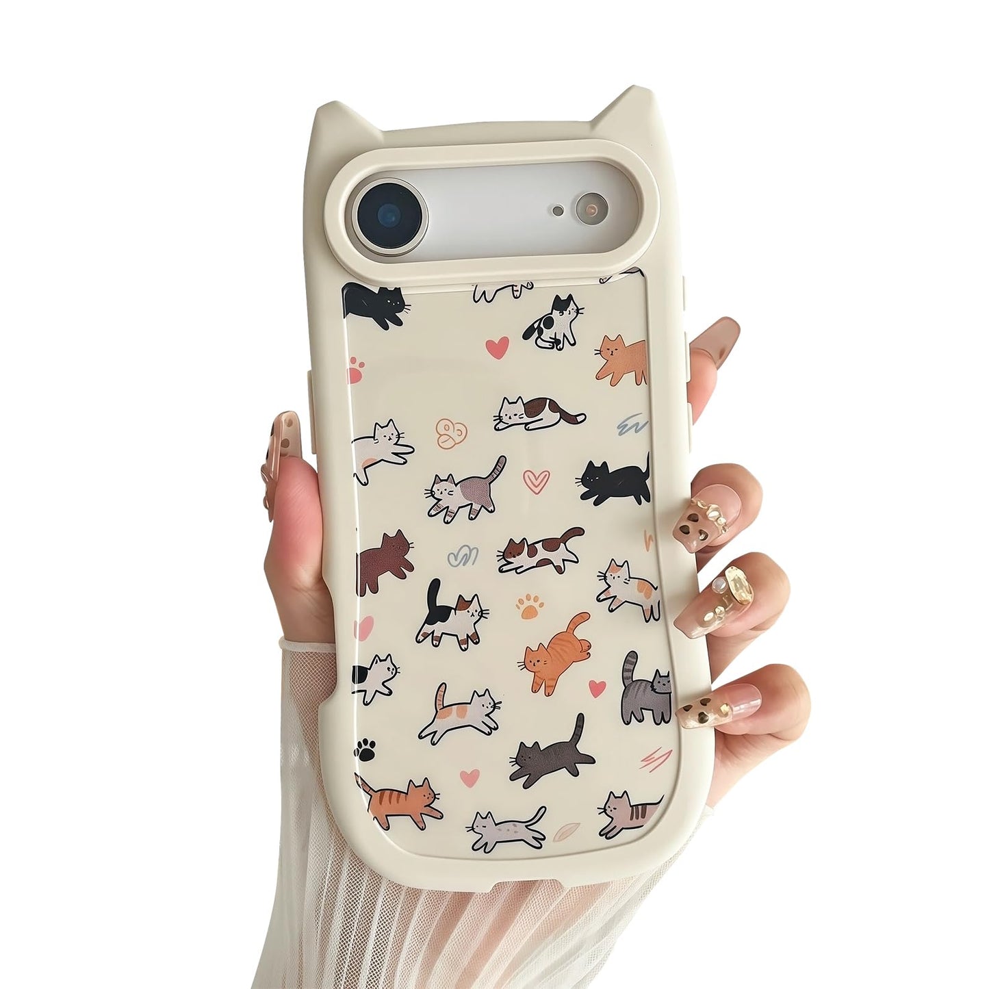 for iPhone 13 Phone Case, Cute 3D Cat Ears and Vintage Hand-Drawn Multi-Cats Heart Cartoon Pattern, with Cat Paw Buttons, Trendy Shockproof Soft Protective Phone Cover, Cat Ears