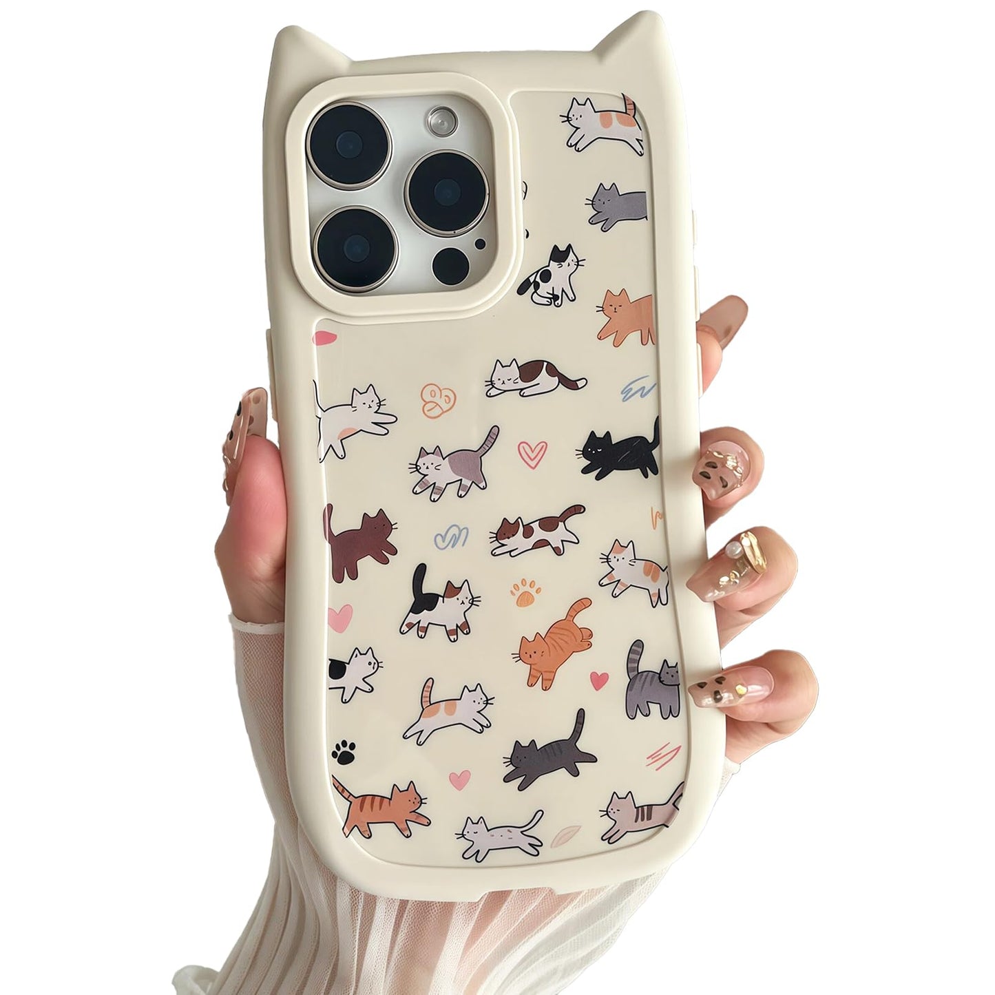 for iPhone 13 Phone Case, Cute 3D Cat Ears and Vintage Hand-Drawn Multi-Cats Heart Cartoon Pattern, with Cat Paw Buttons, Trendy Shockproof Soft Protective Phone Cover, Cat Ears